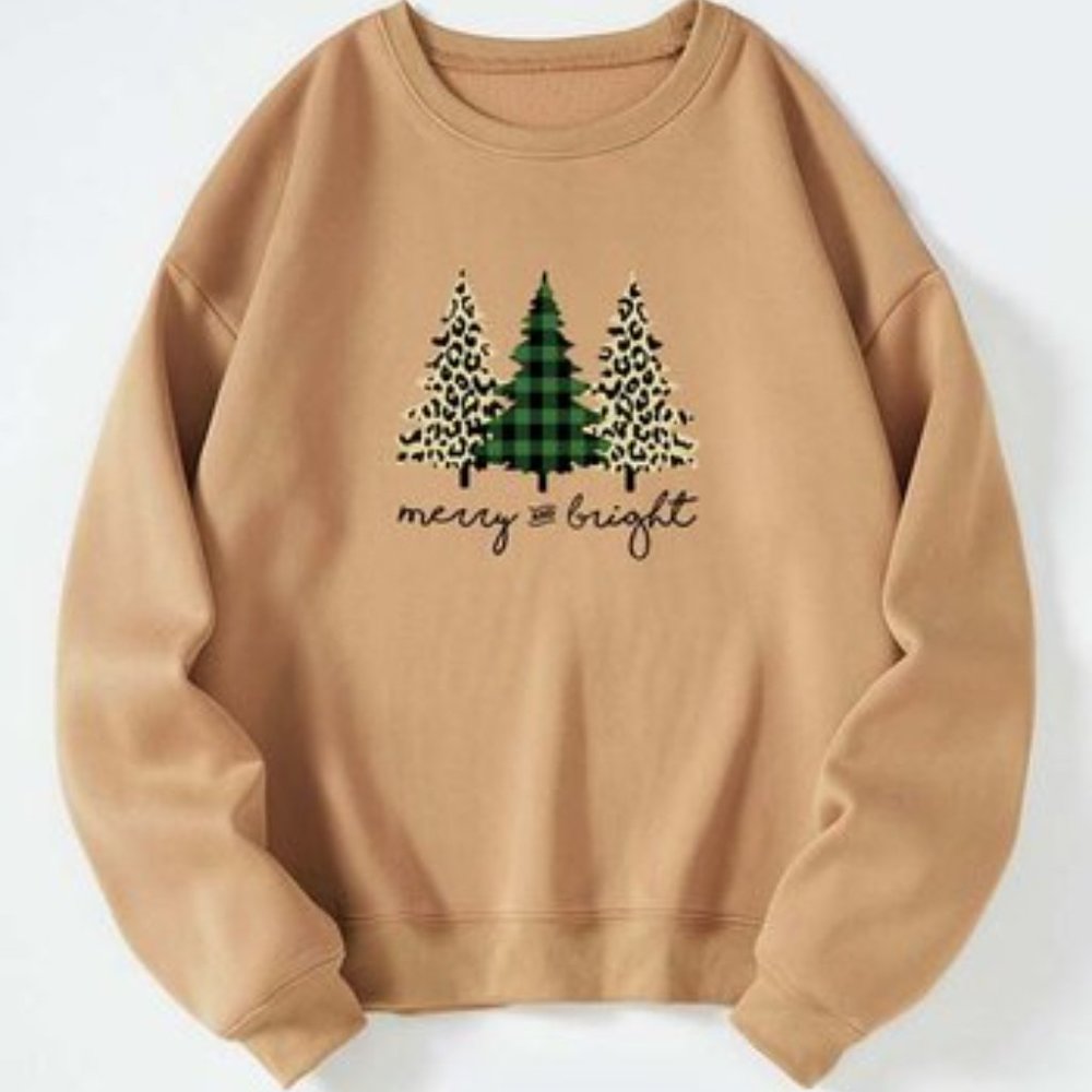 Khaki & Black Tree Trio 'Merry & Bright' Crewneck Sweatshirt/NWT/L